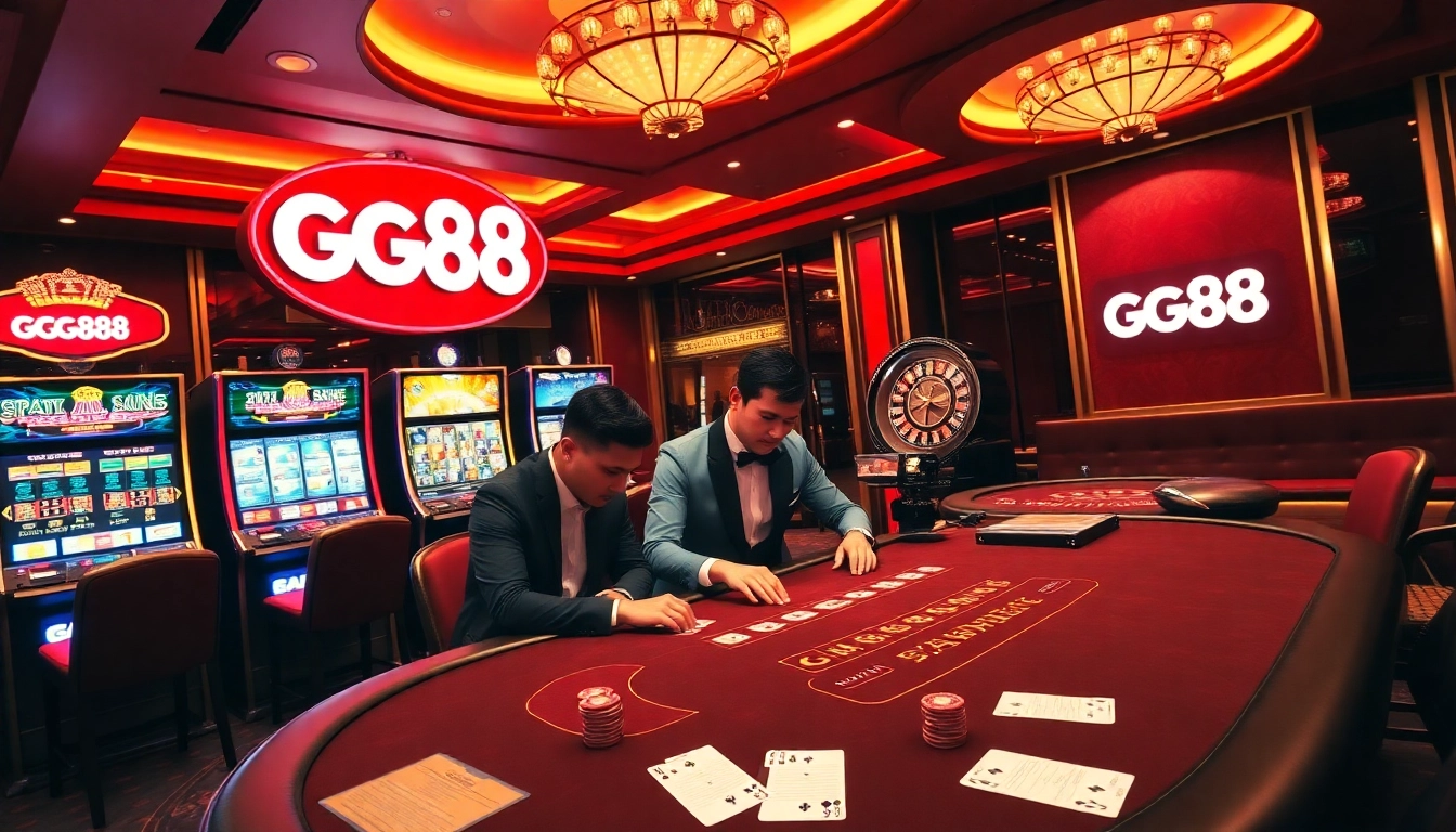 Experience thrilling action at GG88's luxurious casino gaming tables with vibrant colors and excitement.