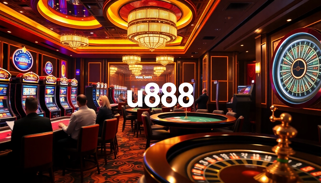 Gamblers engaged in thrilling action at u888 casino tables with colorful chips and vibrant slot machines.