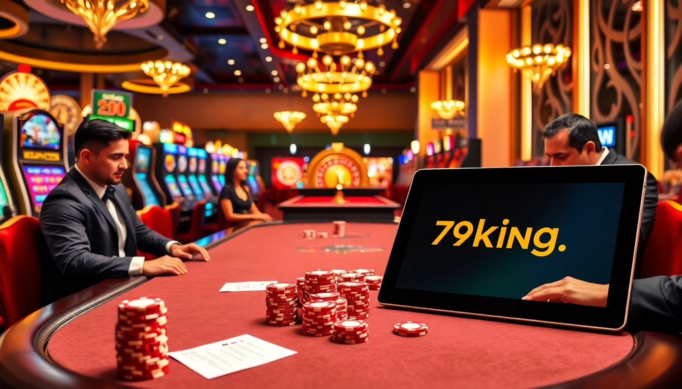 Engaging poker players at a glamorous casino showcasing 79king..com on a digital interface.