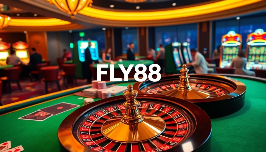 Engaging gamblers at the FLY88 link casino table with vibrant chips and games.