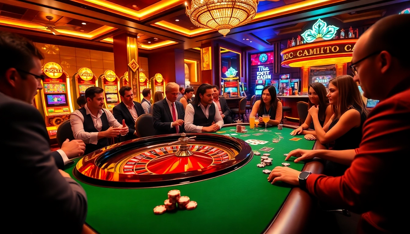 #98win players engaging in a thrilling game at a vibrant casino table with cards and chips.