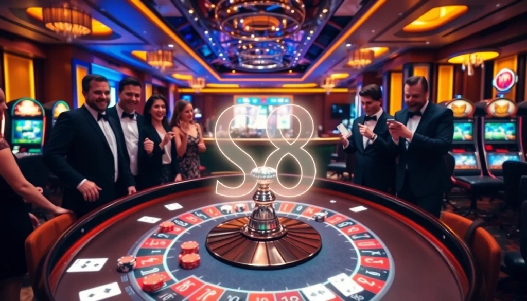 Players celebrating a win at an S8-themed casino game table, showcasing excitement and luxury.