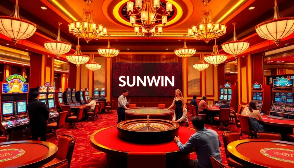 SUNWIN casino scene with excited gamblers at slot machines and poker tables, celebrating wins.