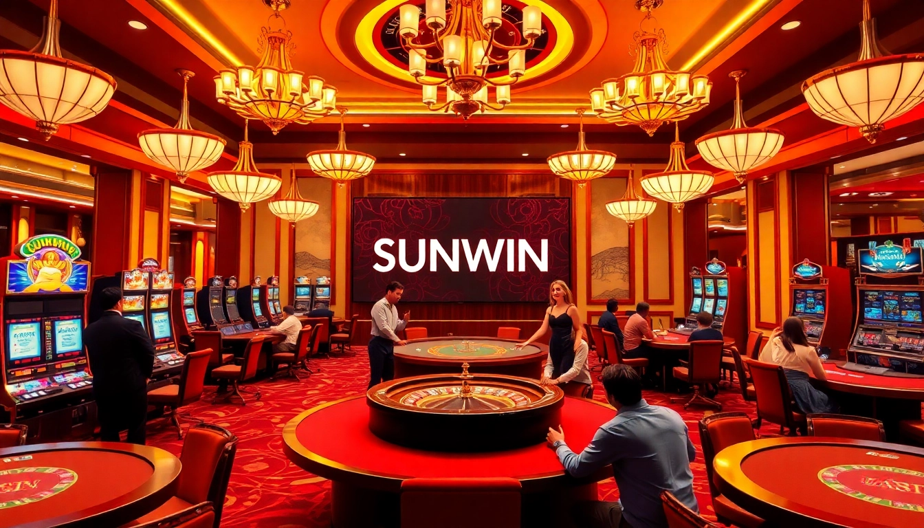 SUNWIN casino scene with excited gamblers at slot machines and poker tables, celebrating wins.