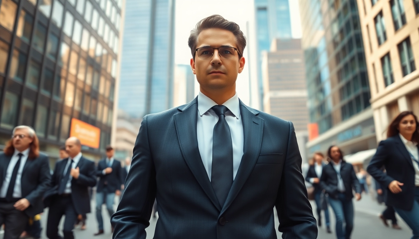 Hiring personal bodyguard in a city setting, showcasing professionalism and vigilance.