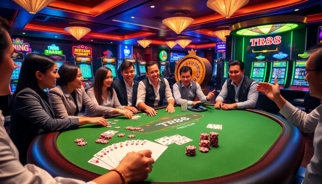 Players enjoying a high-stakes poker game at TR88 casino table, vibrant atmosphere.