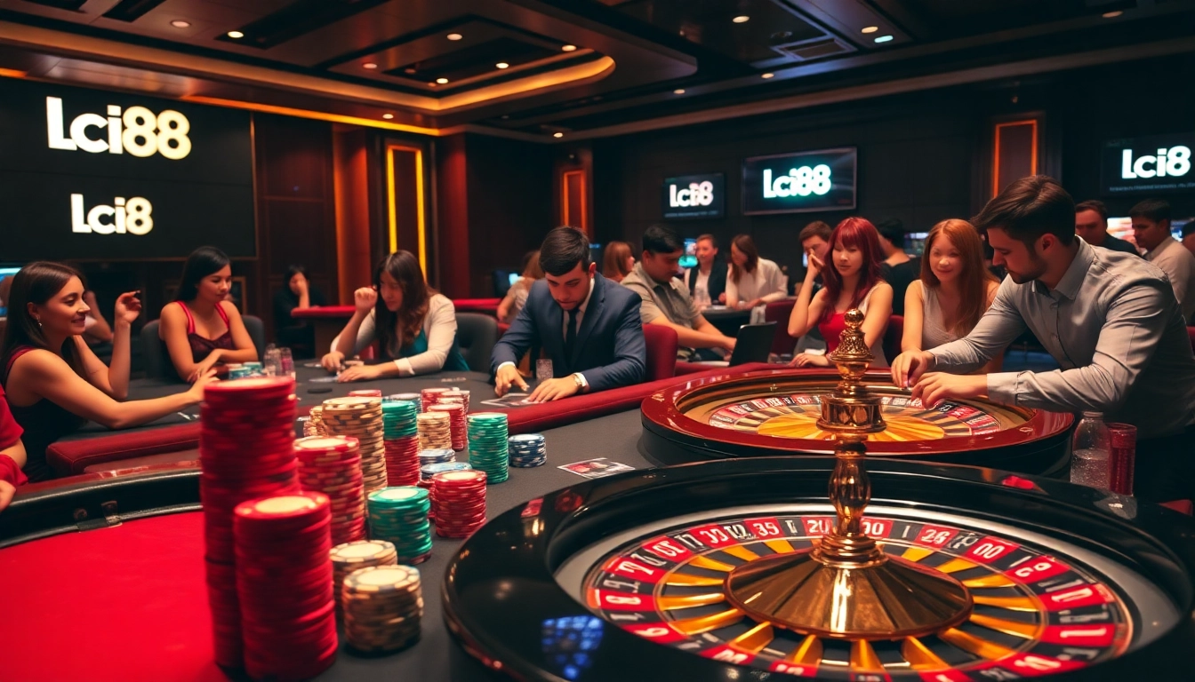 Players placing bets on the lc88 casino table, surrounded by vibrant poker chips.