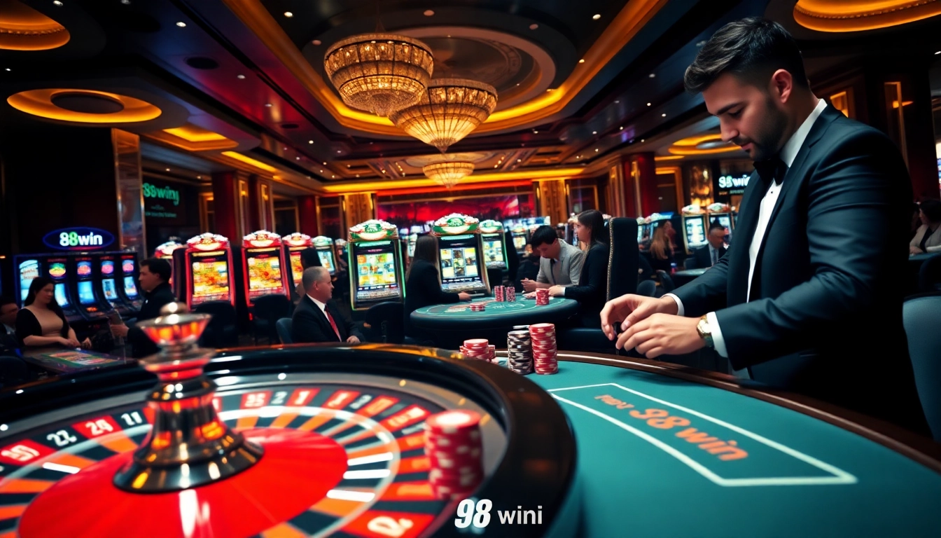A thrilling casino scene featuring 98win's vibrant slot machines and a professional poker table.