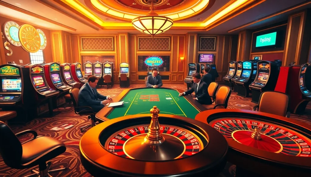 Experience the thrilling atmosphere of 789P's luxurious casino with poker games and slot machines.