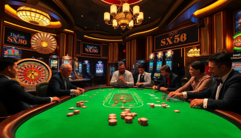 SX 88 poker game with stylish players, vibrant chips, and casino ambiance