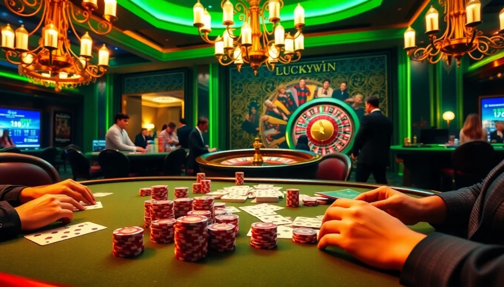 Luckywin poker players enjoying a high-stakes game at a luxurious casino table with chips and cards.