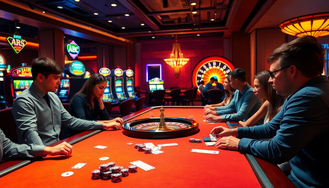 Experience thrilling gameplay at ABC 8's vibrant casino, showcasing card tables and slot machines.