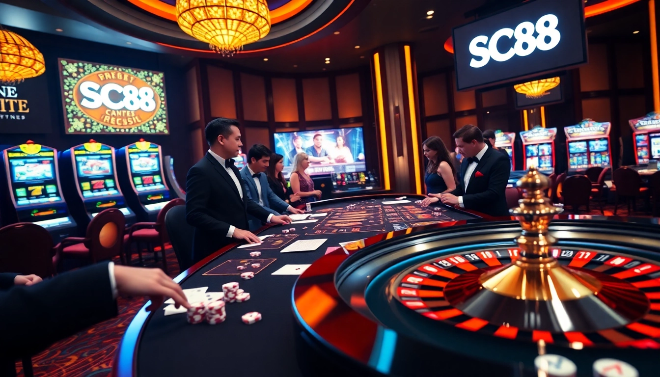 Engaging gamblers at the SC88 casino table filled with vibrant chips and cards.