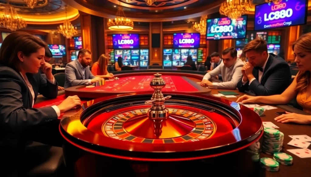 Engaging gaming scene featuring Lc888 with luxury poker and roulette tables in a vibrant casino.
