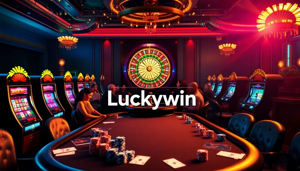 Players enjoy a thrilling game at Luckywin's glamorous casino tables surrounded by vibrant chips and cards.