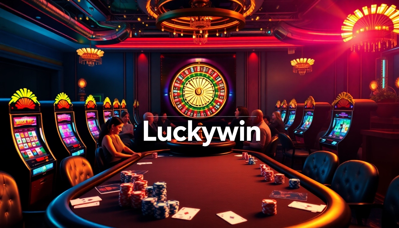 Players enjoy a thrilling game at Luckywin's glamorous casino tables surrounded by vibrant chips and cards.