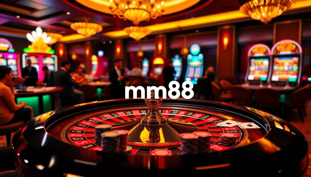 Experience the thrill of mm88 gambling at an elegant casino with vibrant gaming tables.