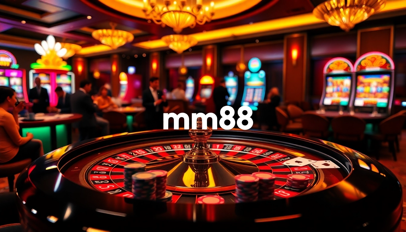 Experience the thrill of mm88 gambling at an elegant casino with vibrant gaming tables.