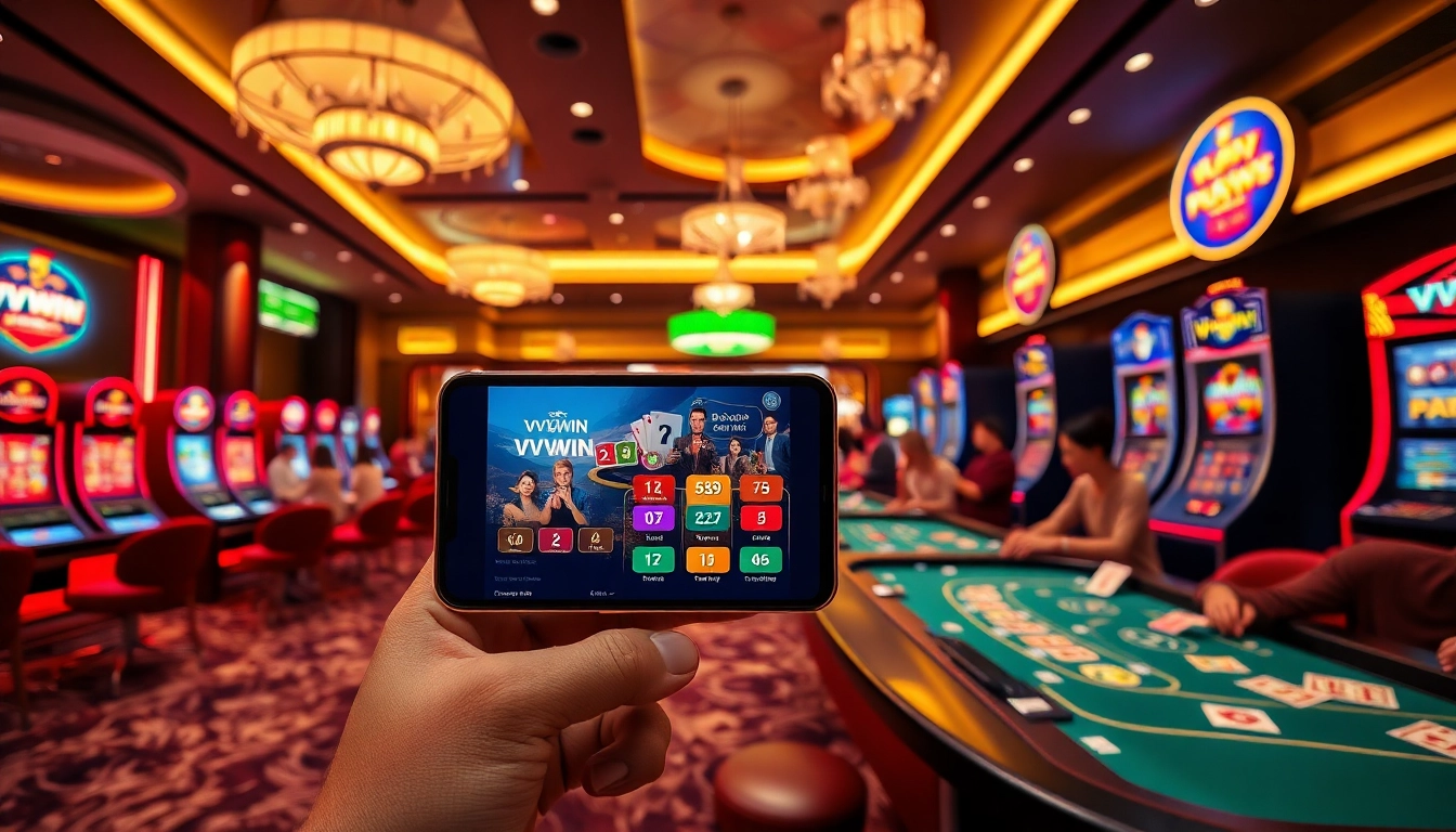Experience the exciting world of online gaming with VVVWIN at vvvwin88.live, featuring vibrant casino scenes and digital interfaces.