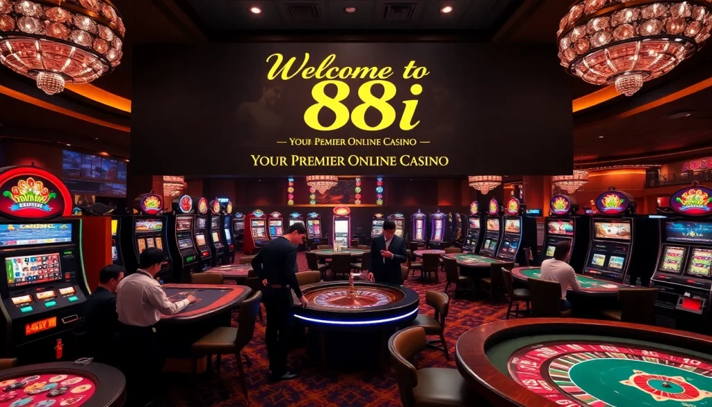 A vibrant casino scene showcasing 88i with players enjoying poker and slot machines, exuding excitement.
