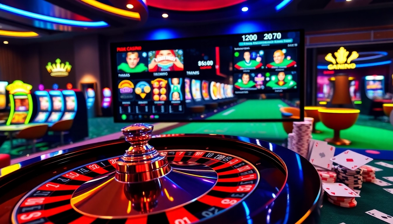 Experience the excitement of online betting with a casino scene at https://okfunb.com/ featuring roulette and slot machines.