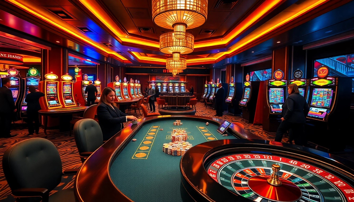 B52-themed casino scene with vibrant poker tables, exciting slot machines, and an elegant atmosphere