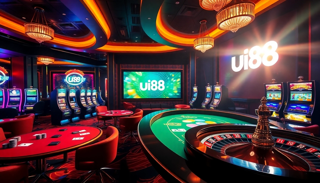 Experience the thrilling atmosphere of uu88 with vibrant casino games, including tables and slot machines.