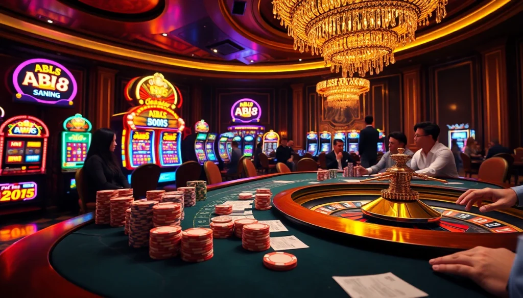 Players strategize at the ABC8 poker table, surrounded by colorful chips and a spinning roulette wheel.