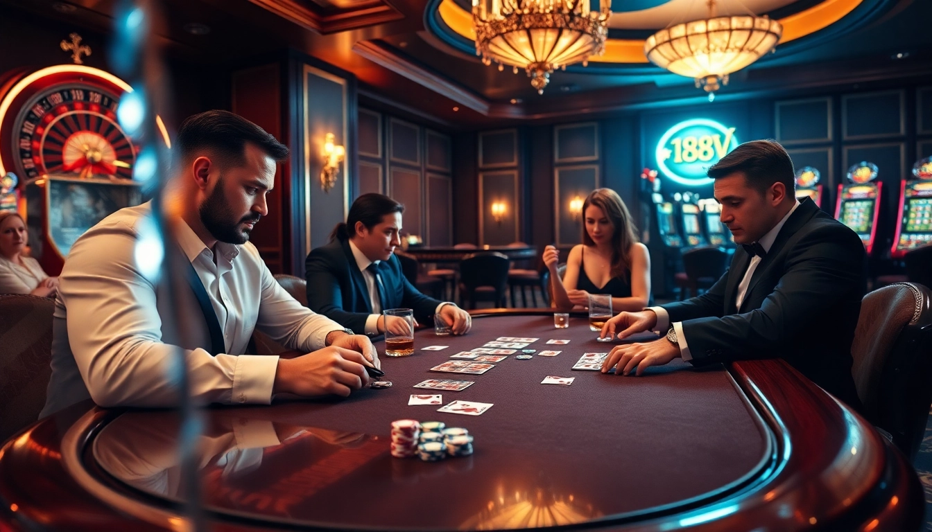 Engaging poker players reveling in a strategic game at 188V casino table.