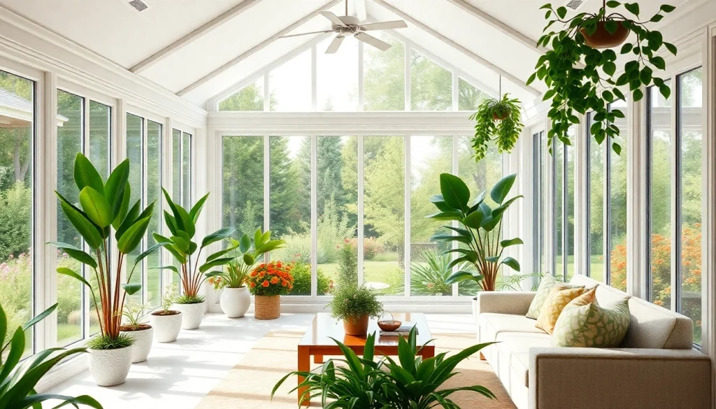 Experience a stunning sunroom addition with bright interiors and lush plant life in a serene garden setting.