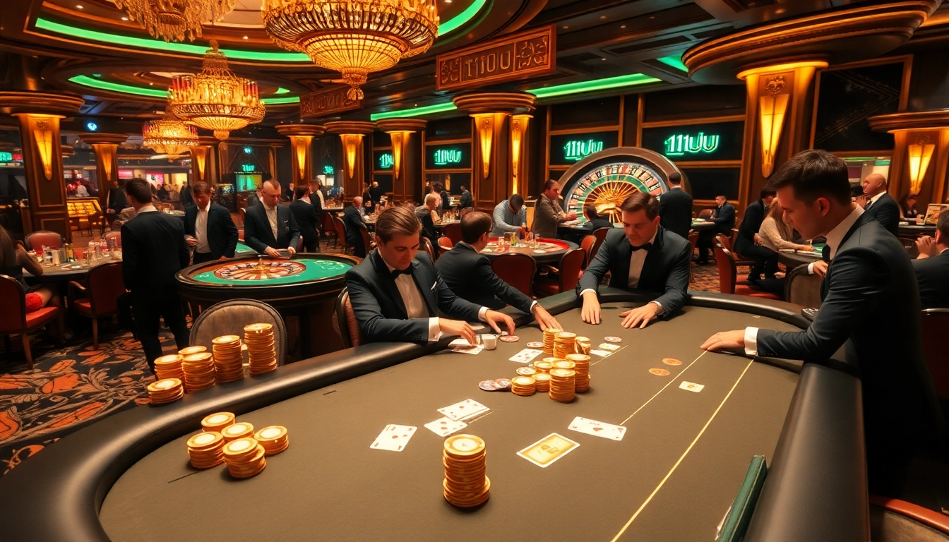 Experience the excitement of 11UU at a professional poker table with vibrant chips and cards in a luxurious casino setting.