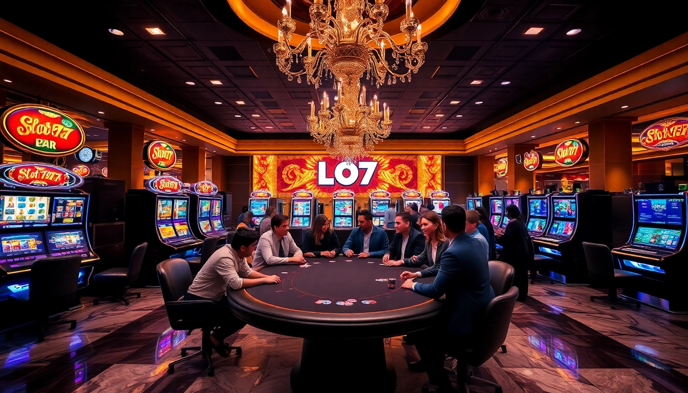 Experience thrilling gameplay at slot777 with vibrant slot machines in a luxurious casino.