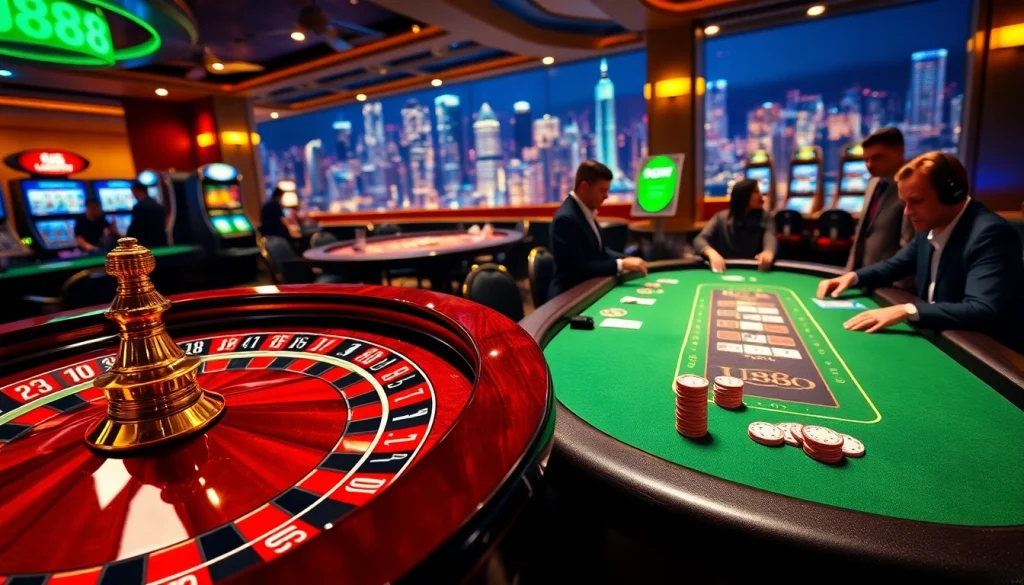 Engaging casino scene with U888 gaming tables and vibrant roulette wheel under ambient lighting.