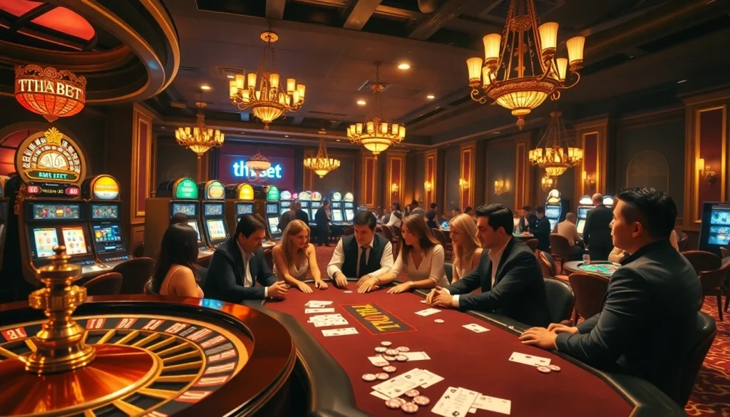THA BET excitement captured in a luxurious casino scene with roulette wheel and players.