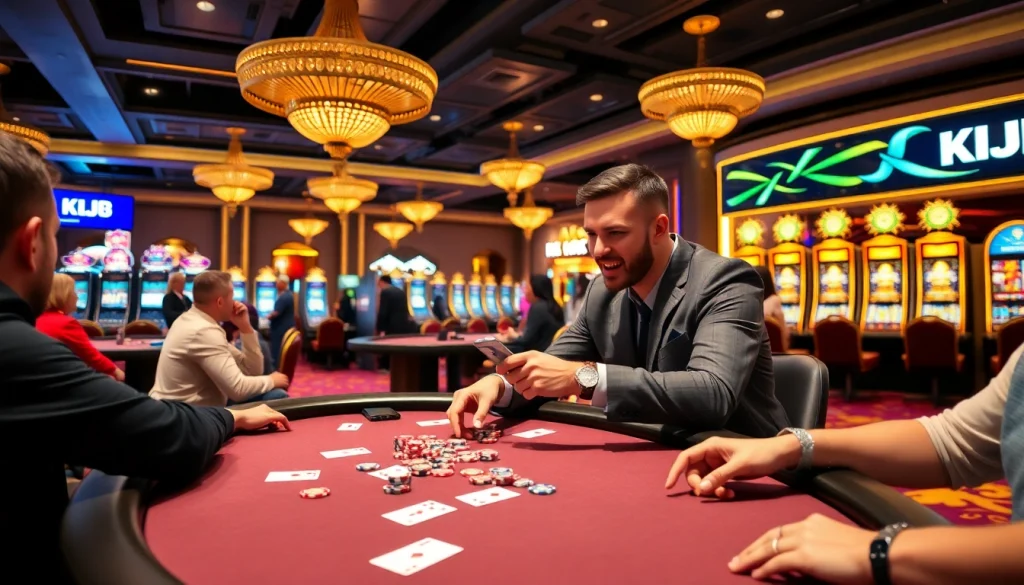 KJC branded poker table with excited players betting in a luxurious casino environment.