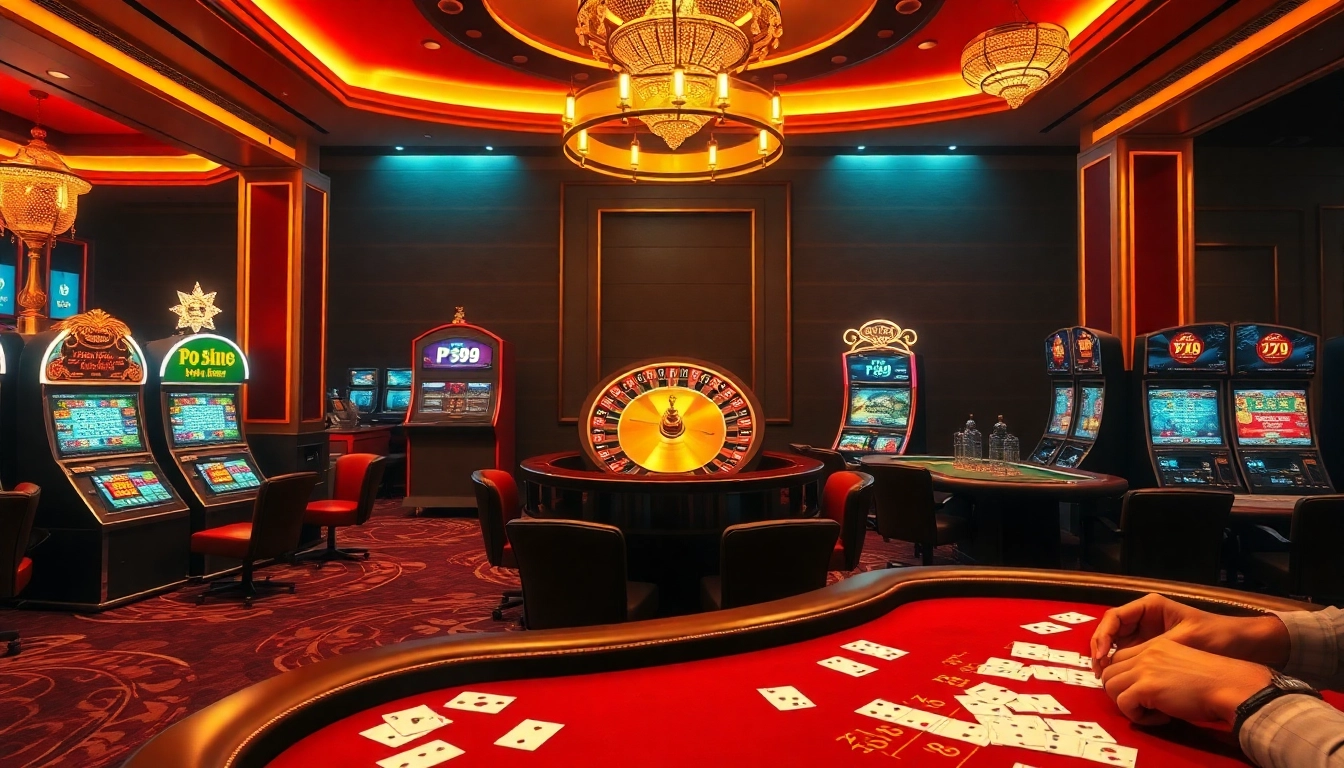 Engaging scene of players enjoying PS 99 strategies at an upscale casino with tables and brightly lit slots.