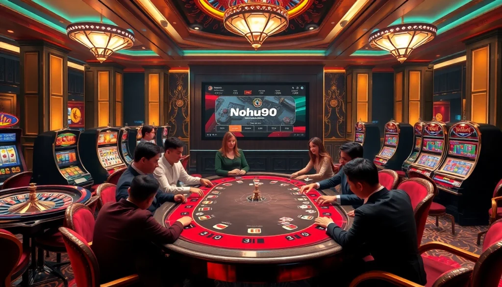 Nohu90 players enjoying an exciting casino experience with poker tables and vibrant slot machines.