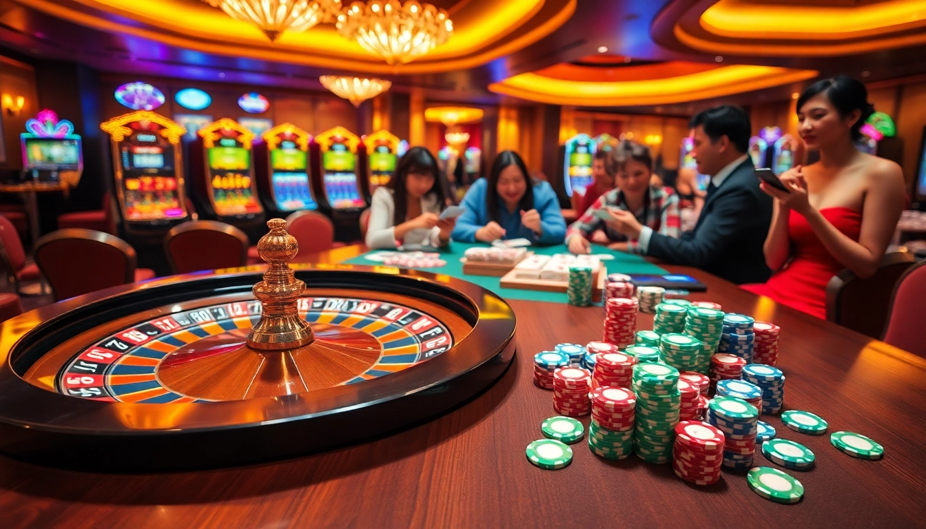 Experience the excitement of casino gaming at trang chủ DF999 with roulette wheels and vibrant poker chips.