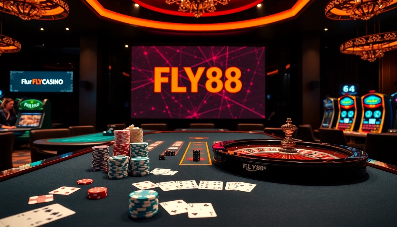 FLY88 link showcasing a luxurious casino environment with table games and vibrant digital displays.