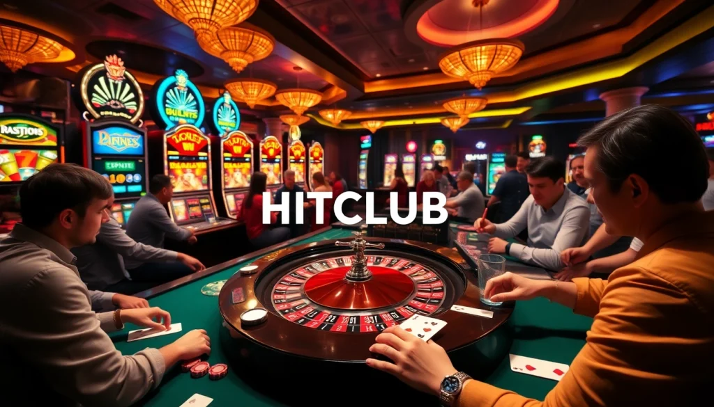 Experience the thrill of HITCLUB gaming with players enjoying poker and roulette in a luxurious casino setting.