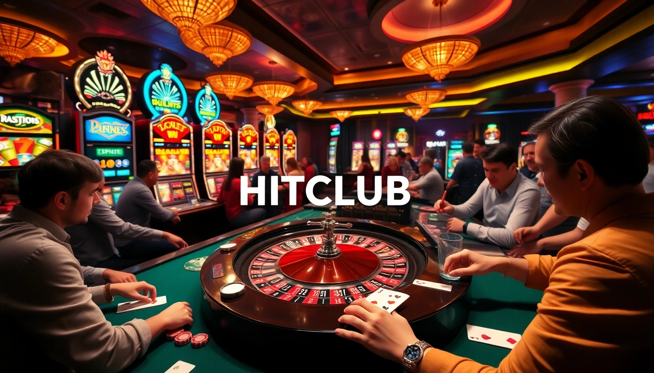 Experience the thrill of HITCLUB gaming with players enjoying poker and roulette in a luxurious casino setting.