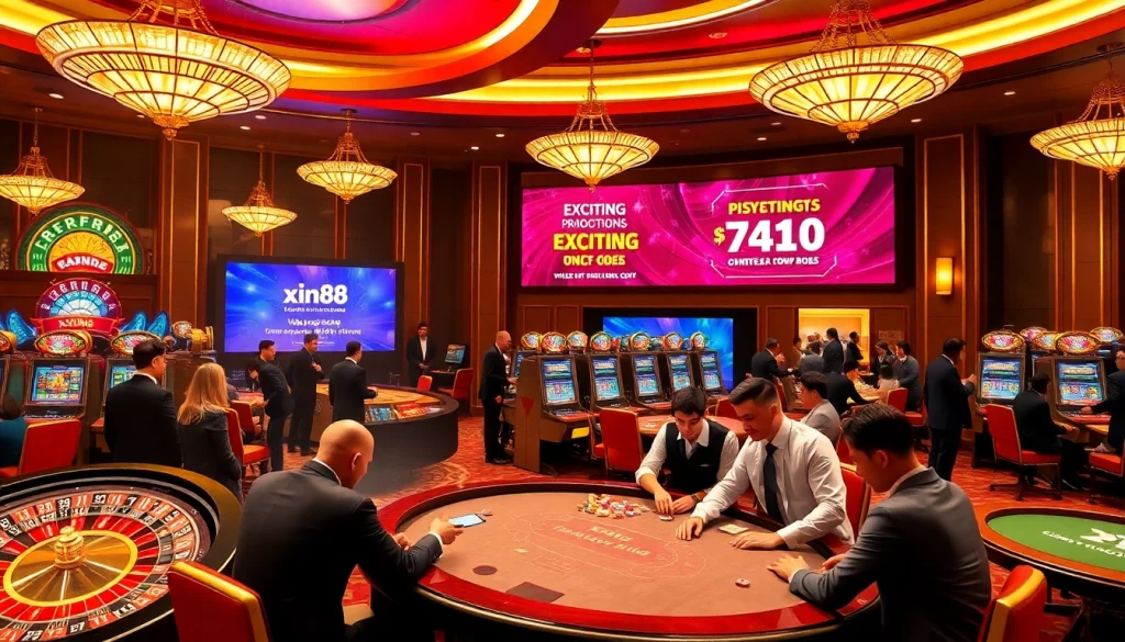 Experience thrilling games at xin88's luxurious casino with vibrant poker and roulette tables.