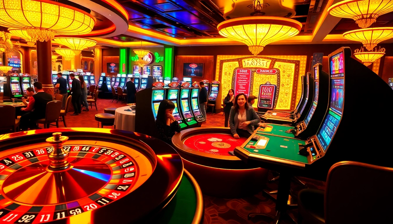 Players strategizing at a win55-themed casino table with colorful chips and cards.