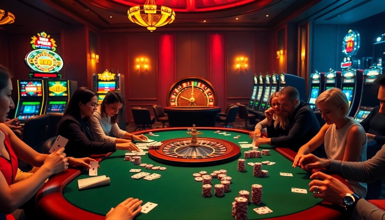 Experience thrilling gaming at https://mb66-th.com/ with a luxurious casino scene showcasing poker, roulette, and slot machines.