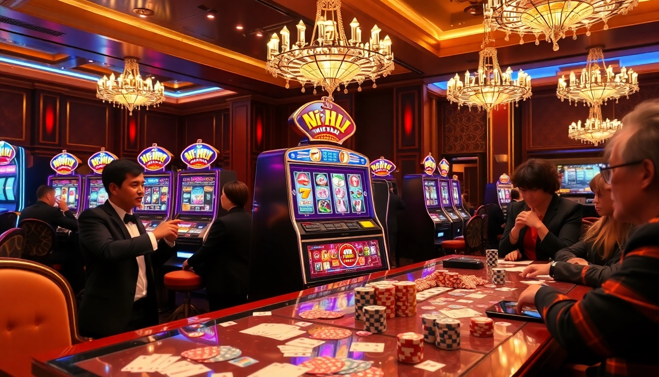 Engaging players experiencing excitement at a Nổ Hũ slot machine in a luxurious casino environment.