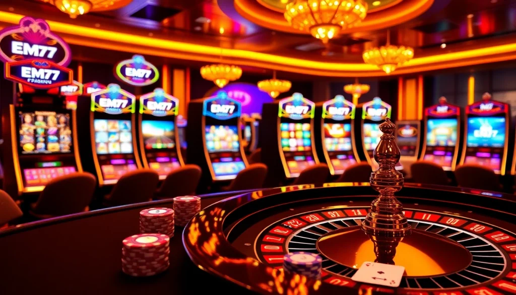 Experience EM777 through an elegant casino table displaying poker chips and cards during an exciting game.