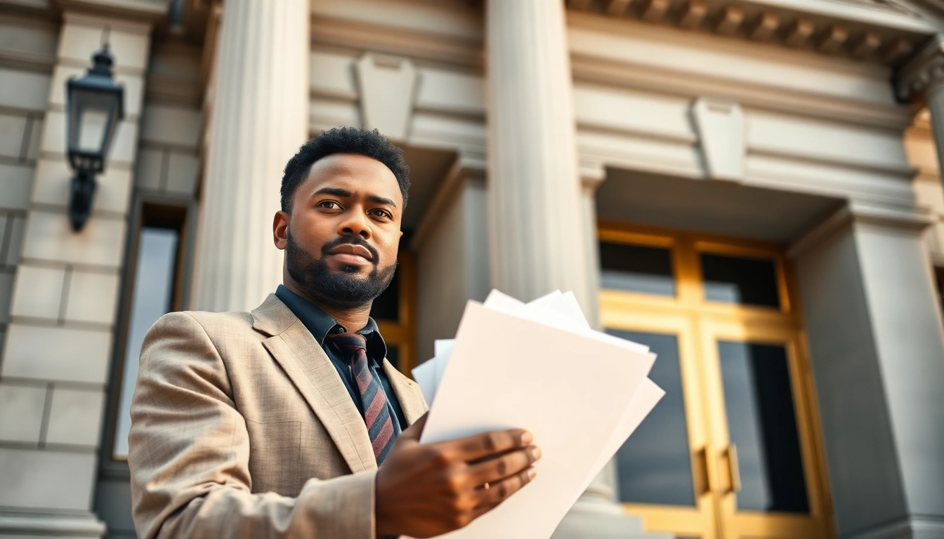 Process serving at a courthouse, showcasing a dedicated server delivering legal documents.