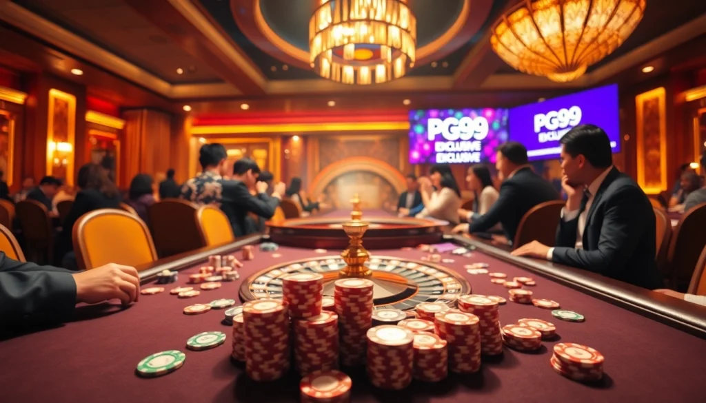 Experience the thrill of PG99 as players engage at an elegant poker table in a luxurious casino setting.
