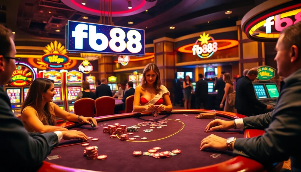 Engaged players at a high-stakes fb88 poker table capture the excitement of casino gambling.