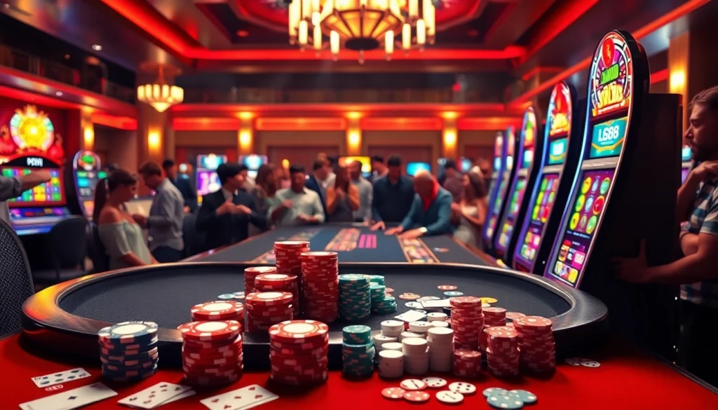 Engaging online gaming action at LC88 with vibrant casino elements like poker chips and slot machines.